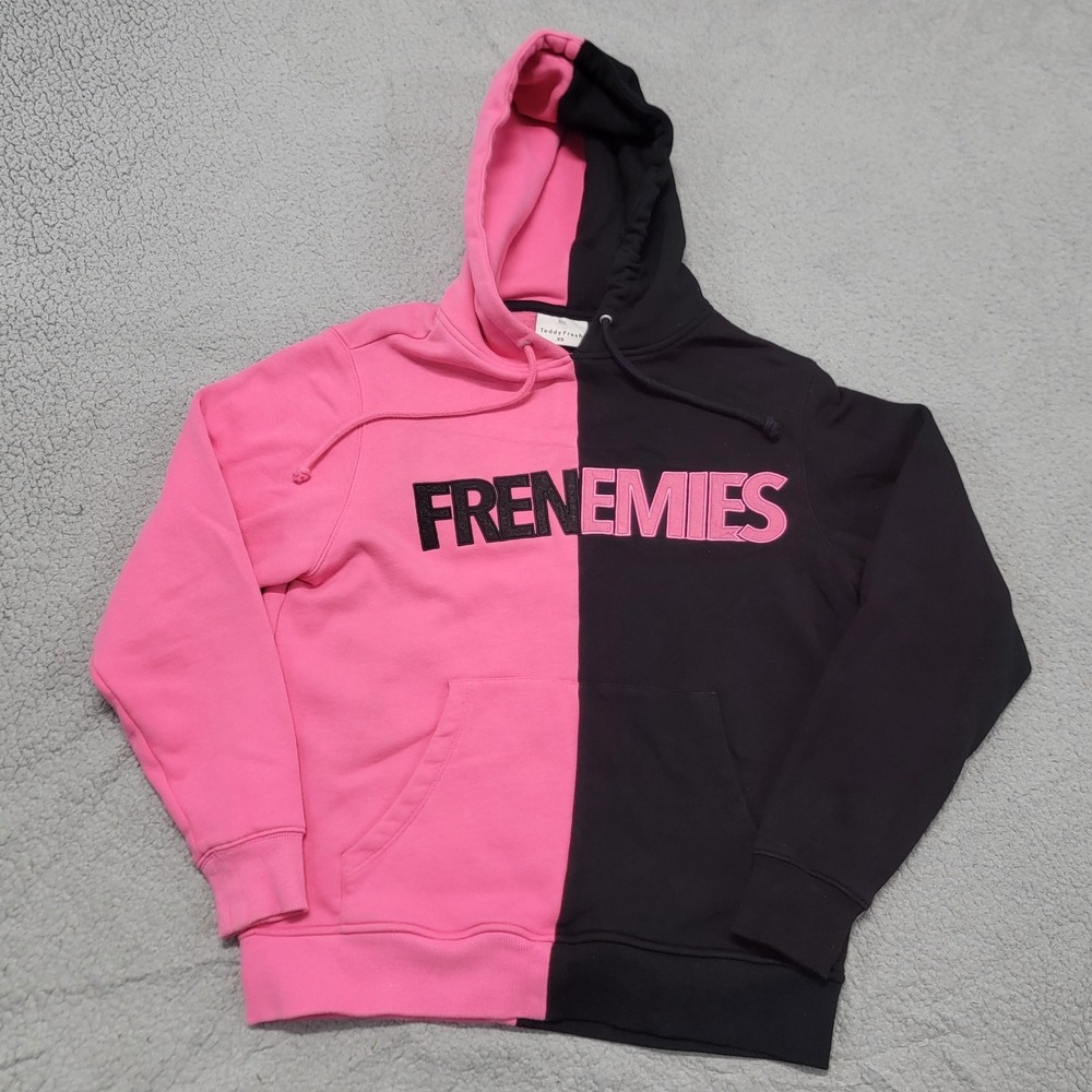 Teddy Fresh Hoodie Mens Unisex XS Pink Black Frenemies Split Colorblock Pullover